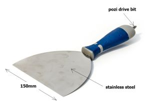 taping knife 150mm  with a stainless steel blade and a screw bit fitted into the handle